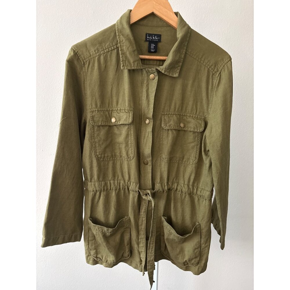 Nicole Miller Jacket M Linen Lyocell Utility Olive Green Cinched Waist Military
